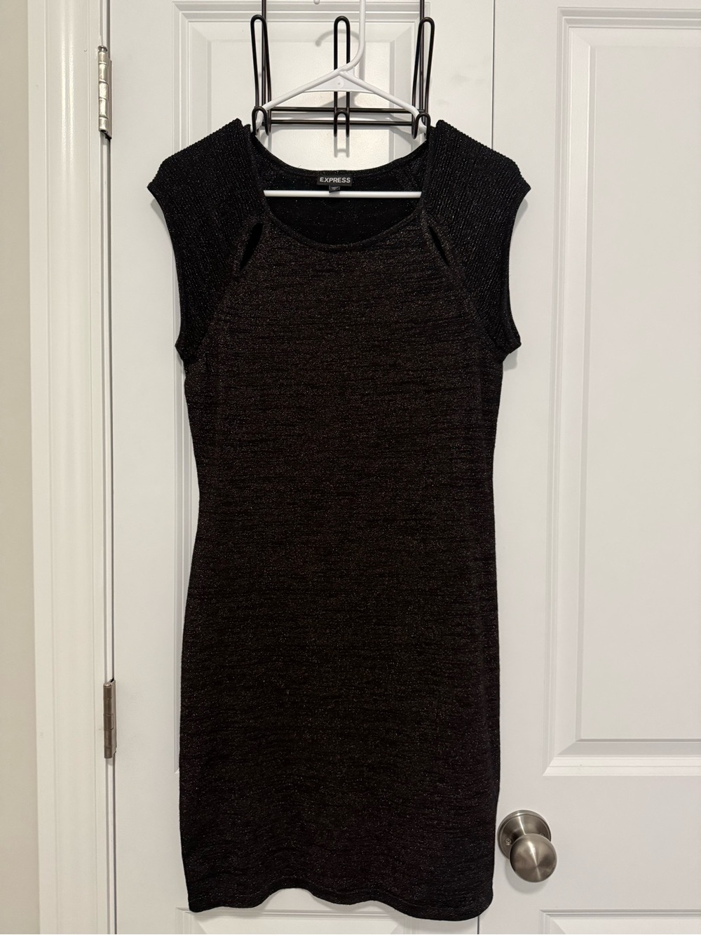 Express Black Shimmer Knit Cap-Sleeve Sheath Dress